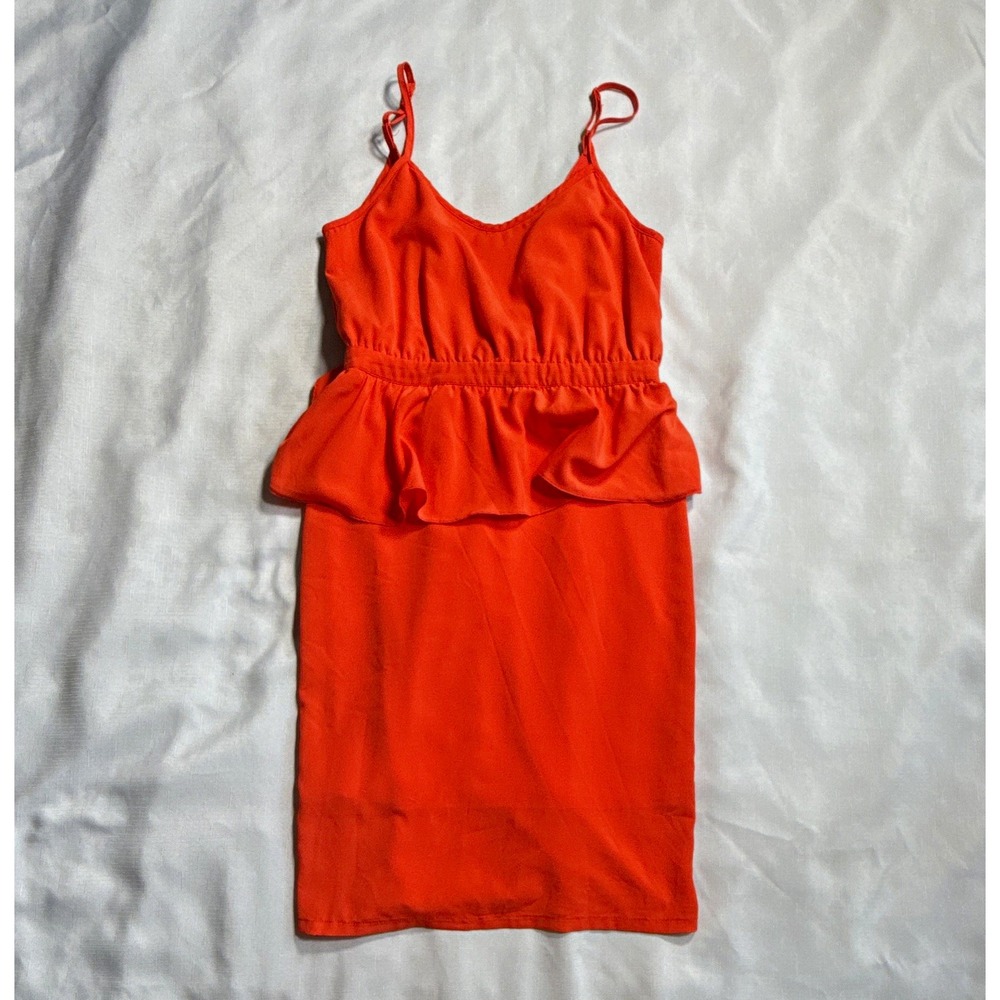Buttons Orange Red Solid V-Neck Sleeveless Ruffle Lined Bodycon Dress M Knee